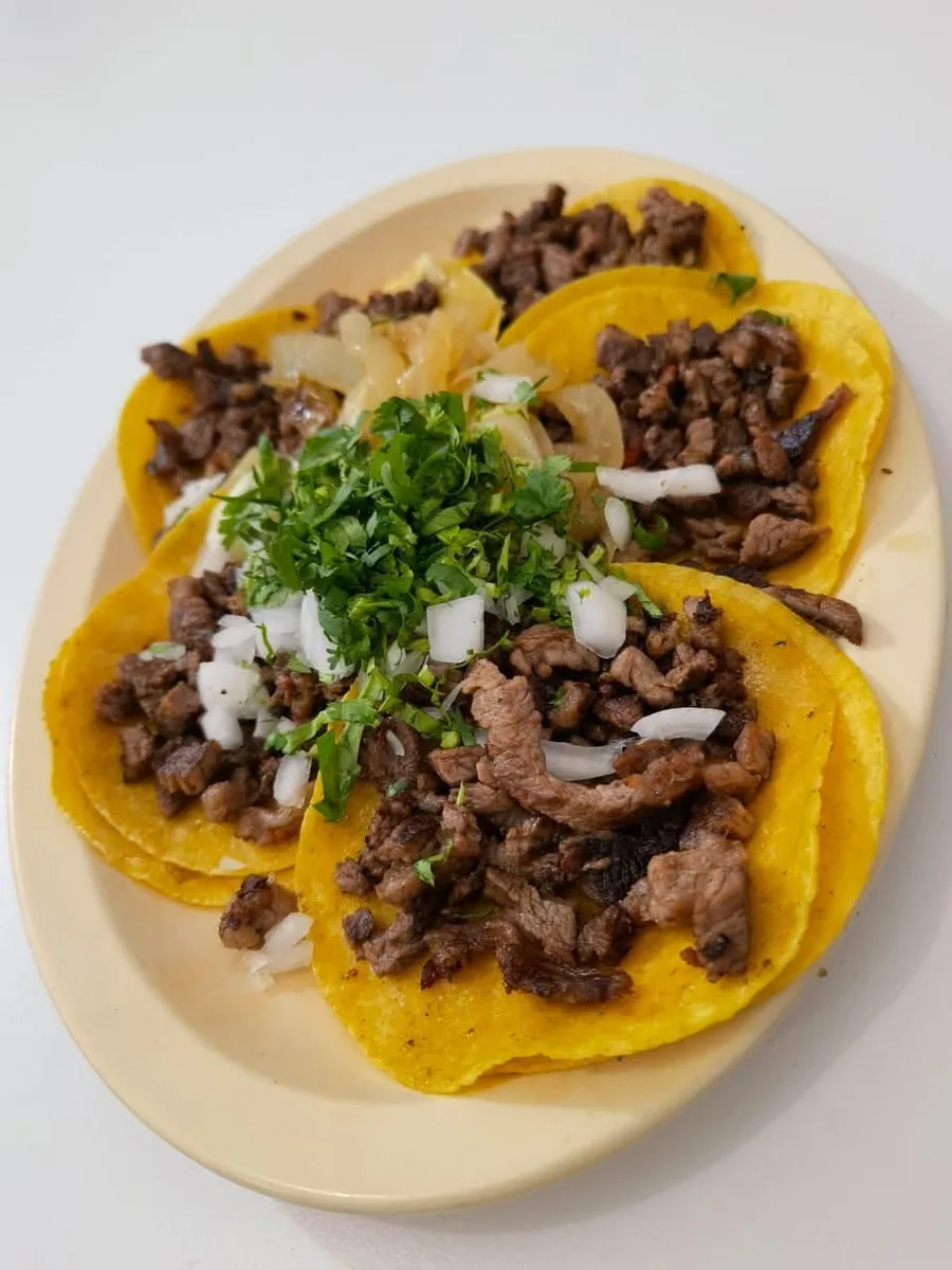 Tacos de bistec con cebolla y cilantro